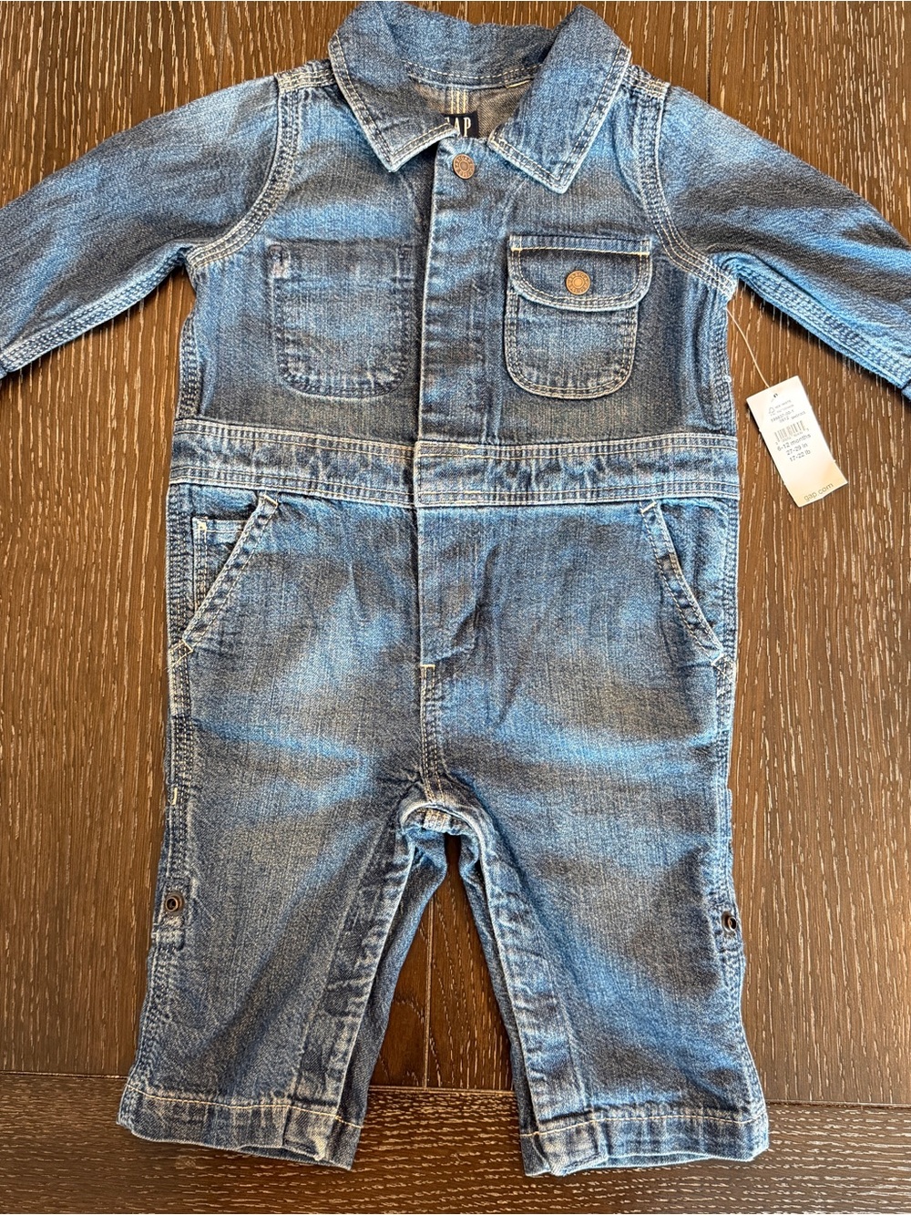 NWT Baby Gap Blue Denim Coveralls 6-12 M Soft Chambray Roll Tab Legs Jumpsuit